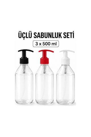 Sıvı Sabunluk Pompalı Şeffaf Dispenser 500 Ml Üçlü Set Şefaf