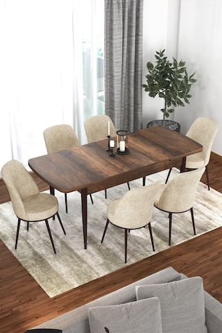 Canisa Concept Kor Serisi 70x114 Açılabilir Mutfak Masası Takımı Barok Desen Masa 6 Krem Sandalye Masa Barok Sandalyeler Krem