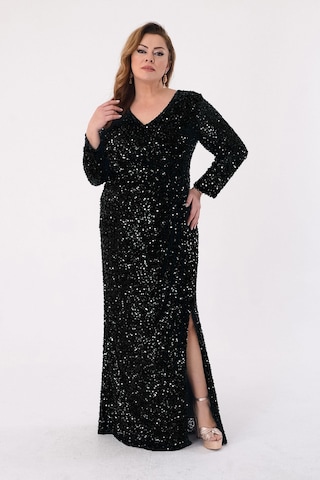 Lilas Xxl Kadın Büyük Beden Pul Payetli V Yaka Uzun Abiye Elbise 2479 Siyah Siyah