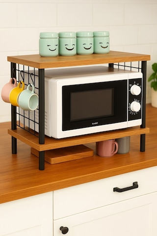 Huzurlu Mutfak Rafı Mikrodalga Rafı Tezgah Üstü Raf Baharatlık 2 Raflı Düzenleyici Kanca Hediyeli Çam