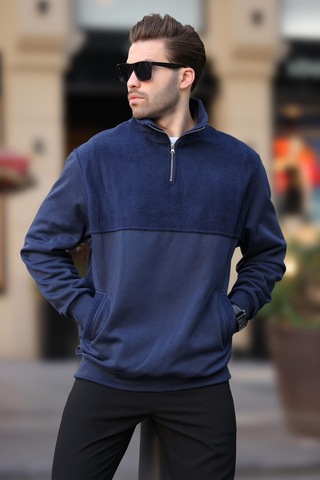 Madmext Lacivert Dik Yaka Yarım Fermuarlı Polar Sweatshirt 7096
