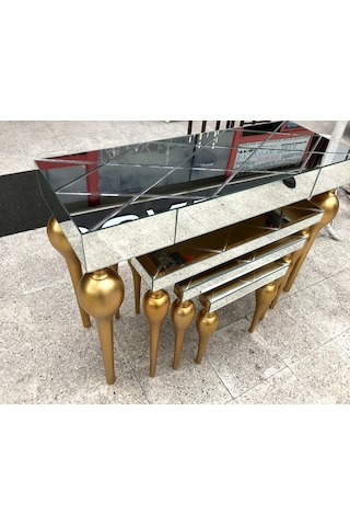 Dresuar-Zigon TOMBUL Model Kayın Torna MDF tabla Parlak gold Boya İskelet Füme cam Kaplama El Yapım Altın