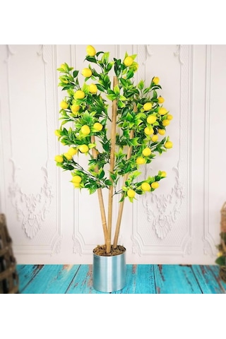 Yapay Ağaç Limon Ağacı Gür Yapraklı 80Cm Bambu Dalında Gümüş Pasl
