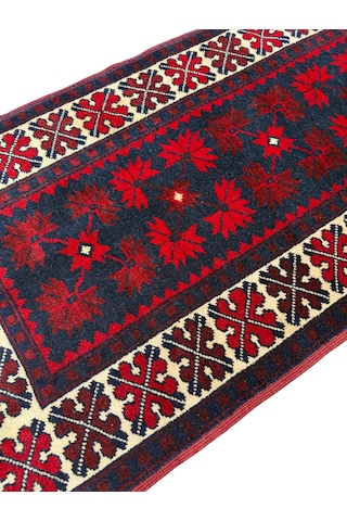 El Dokuma Sıfır Yağcıbedir Halısı 60x145 Kök Boya Yün Yolluk Kırmızı
