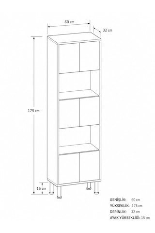 Hitit Kitaplık 175 Cm - Vitrin - Gümüşlük 100% Mdf Metal Ayak Gri