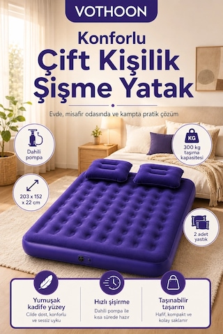 Çift Kişilik Şişme Yatak Dahili Pompalı 203x152x22 Cm 2 Yastıklı Sarı