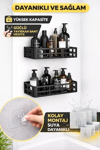Bay Duş İçi Yapışkanlı Banyo Rafı 2 Li Set Delme Yok Güçlü Yapışkan Bantlı Organizer Najmaddin Standart