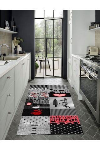 Gri, Kitchen Kaymaz, Pamuk Dokuma Taban Mutfak Halısı (477548470)