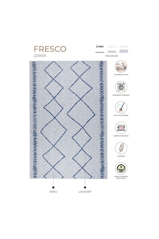 Fresco Ekru Lacivert İskandinav Jüt Yıkanabilir Halı Kilim Balkon Ekru - Lacivert