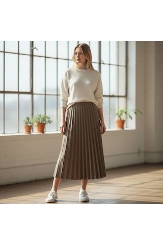 Eren Style Pileli Pamuklu Diyagona Beli Lastikli Etek 95 Cm - 38-50 Krem