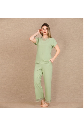 İkikareshop Pamuklu Şık Tasarım Dantel İşlemeli Yeşil Kısa Kol Pijama Takımı Çok Renkli