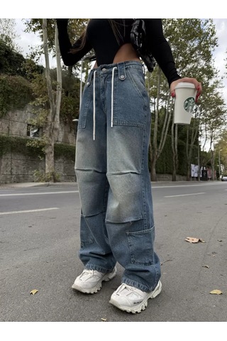 Paradise Venedik Bağcıklı Oversize Cargo Jean - Vintage Mavi Çok Renkli
