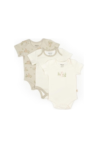 Bebek 3lü Kısa Kollu Badi Kutulu Set %100 Organik Pamuk, Bebek Ve Yenidoğan Serisi - Csy5763 Ekru - Yeşil