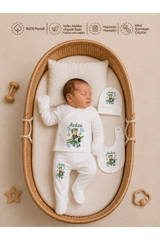 Pia Baby İsme Özel Erkek Bebek Hastane Çıkışı 6 Parça Zıbın Takımı Pamuk Organik Baskılı Erkek Bebek 1014zk0x Ekru