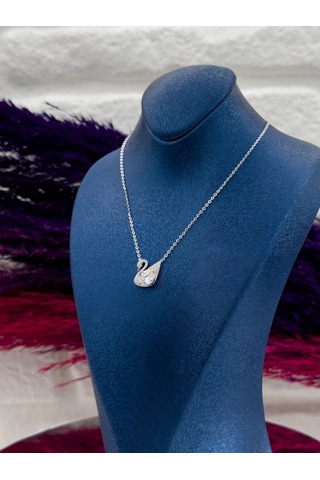 925 Ayar Gümüş Mosanite Taşlı Kuğu Modeli Aşk Temalı Zarif Kadın Kolye Gümüş