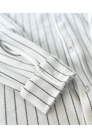 Alaçatı Stili Erkek Krep Kumaş Çizgili Gömlek Ve Pantolon Takım Beyaz