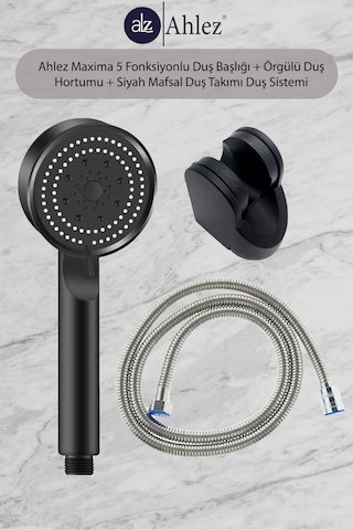 Maxima 5 Fonksiyonlu Duş Başlığı + Örgülü Hortum + Siyah Mafsal Simli