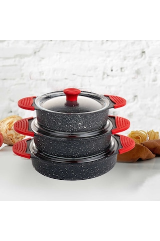 Eda 3'lü Granit Döküm Sahan Seti Cam Kapaklı Gri