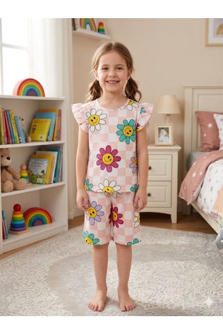 Aliş Kids Kız Çocuk Pamuklu Yavruağzı Papatya Çiçek Desenli Kısa Kollu Şortlu Yazlık Pijama Takımı
