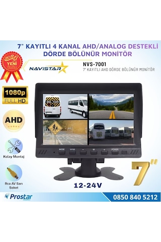 Kayıtlı 7 İnç Ahd Analog 4 Kanal Full Hd Quad Araç Monitörü Rca Bağlantılı 12-24v