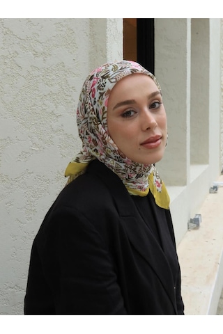 Moda Kaşmir Modern Flora Desen Bambu Eşarp Sarı-ekru