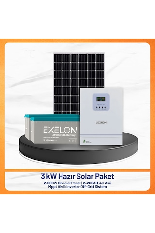 3 Kw Hazır Solar Paket 2x600w Bifacial Panel + 2x200ah Jel Akü + Mppt Akıllı Inverter Off-grid Güneş Enerji Sistemi