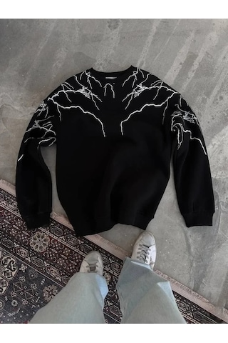 Vexor Yıldırım Baskılı Bisiklet Yaka Sweatshirt - Siyah