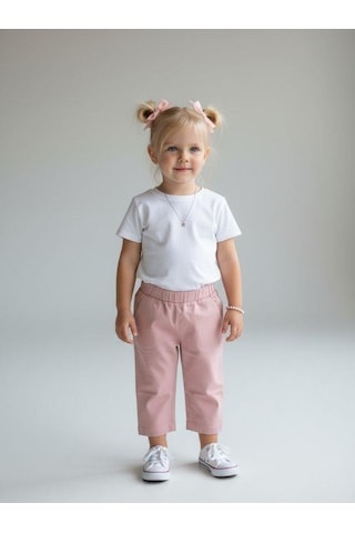 Zekids Kız Bebek Yumuşak Dokulu Beli Lastikli Pantolon-16946 Pembe