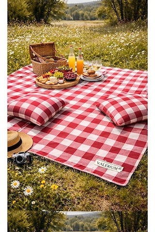 Valerium Sıvıya Ve Lekeye Dayanıklı Silikon Dolgulu Piknik Seti 170x170cm + 2 Minder Kırmızı