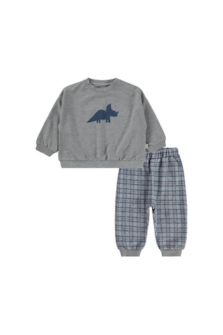 Bebbek Dinazor Baskılı Omuzdan Çıtçıtlı 2-5 Yaş Takım - Gri