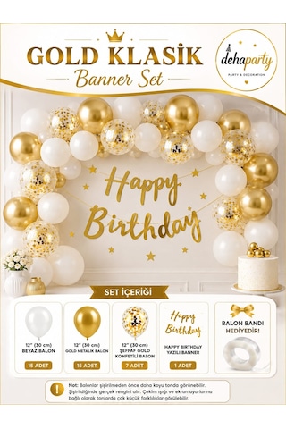 Happy Bırthday Yazı Gold Konfetili 34 Adet Balon Beyaz Gold Balon Parti Doğum Günü Seti Çok Renkli Happy Bırthday Yazı Gold Konfetili 34 Adet Balon Beyaz Gold Balon Parti Doğum Günü Seti Çok Renkli
