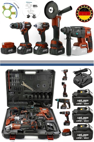 Böhrer BA01012K Kırmızı Akülü Kırıcı Delici + 125 MM Taşlama + 13 MM Vidalama + 450 NM Somun Sıkma + Lamba 5'li Set