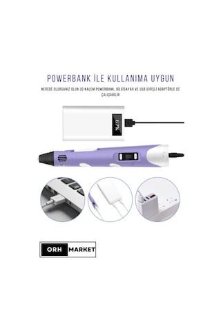Mor 3D Kalem 3D Pen Yazıcı Kalem – 10 Adet 5 Metrelik PLA Filament (Toplam 50M) + USB Kablo