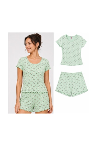 Bonbon Kadın Bohçalık Çeyizlik Hediyelik Pointel Kumaş Şort Kısa Kol Tshirt Ve Bralet 3'lü Pijama Takım Bb2414 Yeşil