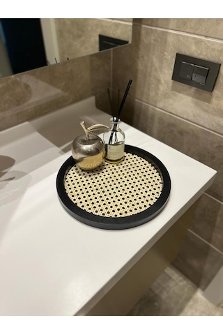 Rattan Hazeran Yuvarlak Tepsi Siyah %100 Doğal Hazeran M021
