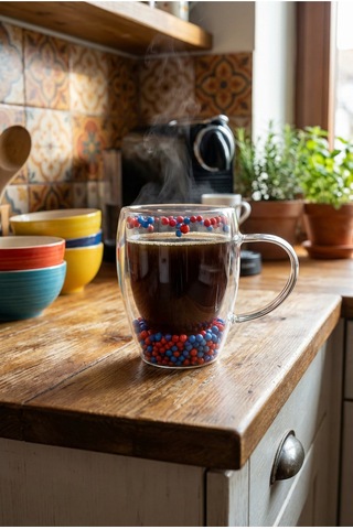 Makri Home Çift Cidarlı Bordo Mavi Cam Kupa 350 Ml Isıya Dayanıklı Şeffaf