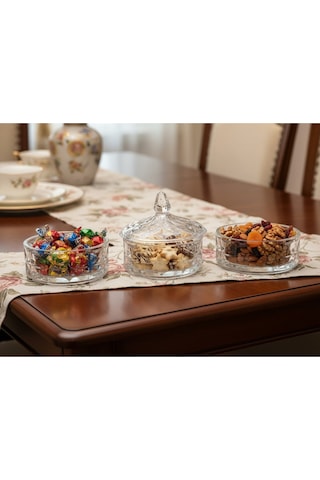 Elta Collection 3 Katlı Kristal Cam Şekerlik Lokumluk, Kurabiyelik, Çerezlik, Sunumluk Beyaz