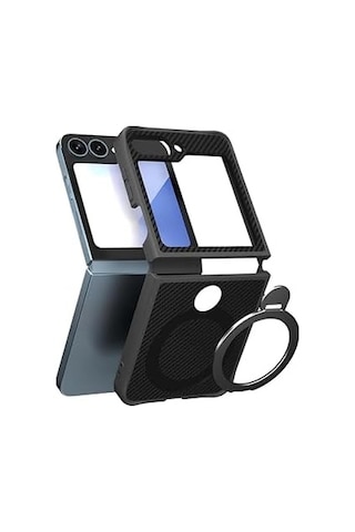 Karbon Fiber Materyal Stand Özellikli Lens Çerçeveli Ve Sararmayan Güçlü Darbe Emici Premium Kılıf Siyah, Samsung Galaxy Uyumlu Z Flip 5