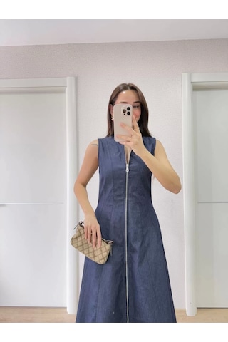 Cvs Giyim Jeans Kot Önü Tam Fermuarlı Kadın Uzun Elbise - Mavi Mavi