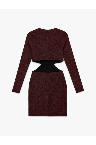Koton Uzun Kollu Bisiklet Yaka Simli Pencere Detaylı Mini Elbise Bordo 6wal80004ık Bordo
