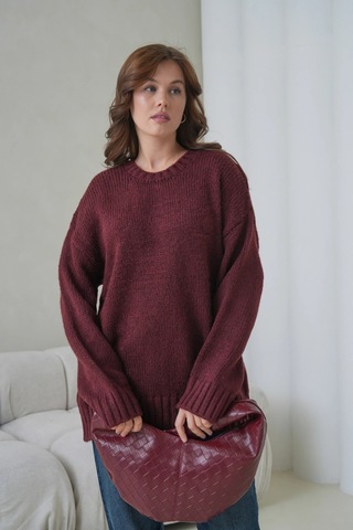 Kadın Bisiklet Yaka Yumuşak Dokulu Oversize Triko Kazak 3032 Bordo