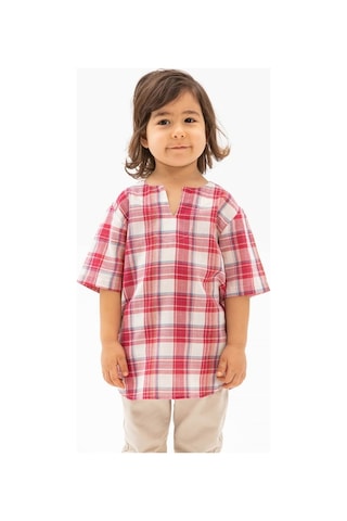 Eliş Şile Bezi Kısa Kol Şile Bezi Bisiklet Yaka Erkek Çocuk Tshirt Kırmızı Krem