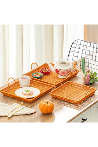 Porsima 709d Kare 3'lü Hasır Tepsi Dekoratif Sunum Servis Tepsisi