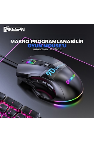 Mkespn X10 Rgb Gaming Mouse 12800 Dpı 9 Tuş Makro 1000hz Siyah Diğer