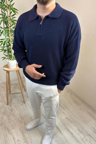 Erkek Lacivert Fermuarlı Polo Yaka Oversize Triko Kazak Lacivert