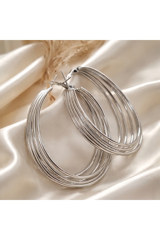 Katmanlı Halka İnterlock Hoop Gümüş Renk Küpe 6cm Silver