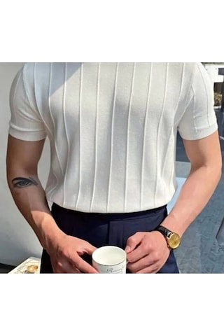 Erkek Slim Kısa Kollu Triko Tişört Yazlık Basic Beyaz