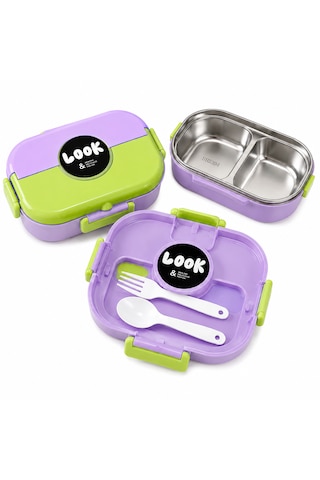 Muzeko Lunch Box 2 Bölmeli Paslanmaz Çelik Yemek Kabı Sızdırmaz Kapaklı, Taşınabilir Beslenme Kabı Çatak Kaşık Hediyeli 6204 Lila 1000ml Mor - Yeşil