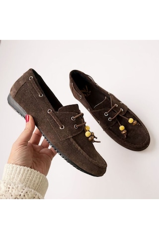 Ne&ve Shoes Kahve Süet Hakiki Deri Boncuklu Makosen Kadın Kolej Loafer Kahverengi