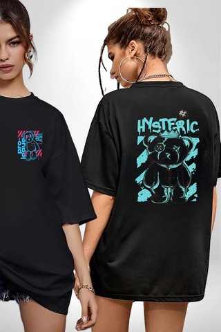 Histerik Siyah Oversize Unisex Ön Ve Sırt Baskılı Tişört Siyah